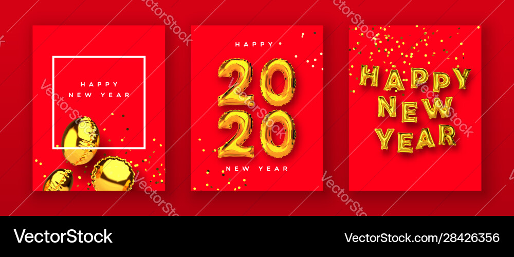 Happy new year 2020 gold 3d balloon card set Happy new year 2020 gold 3d balloon card set vector image