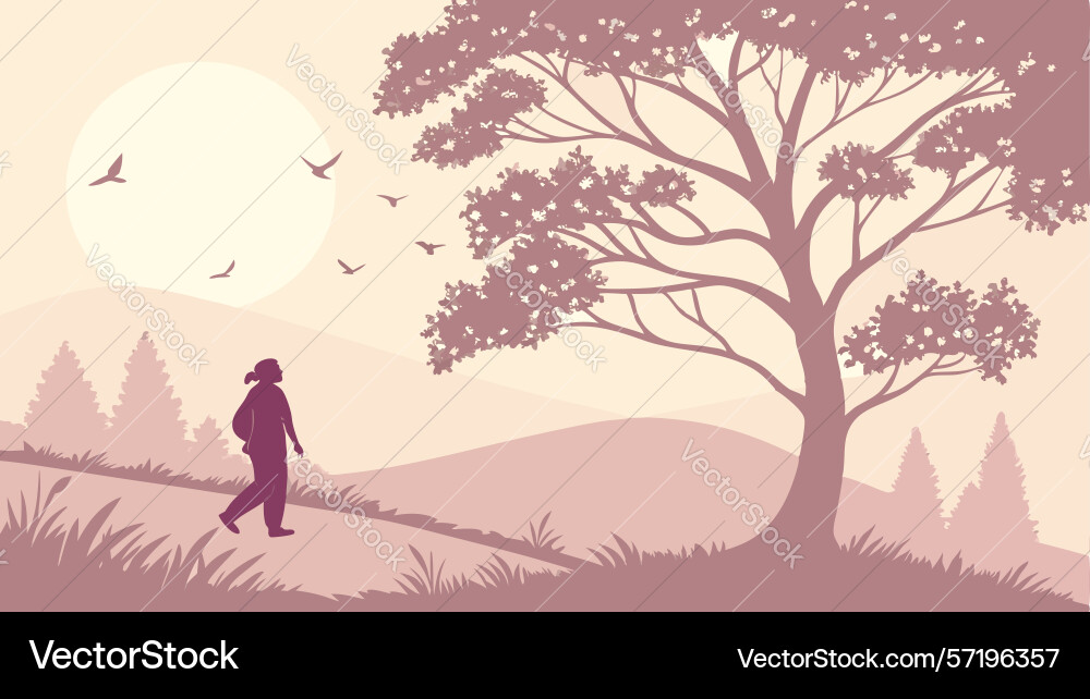 Scenic path walk with distant tree and rolling Vector Image
