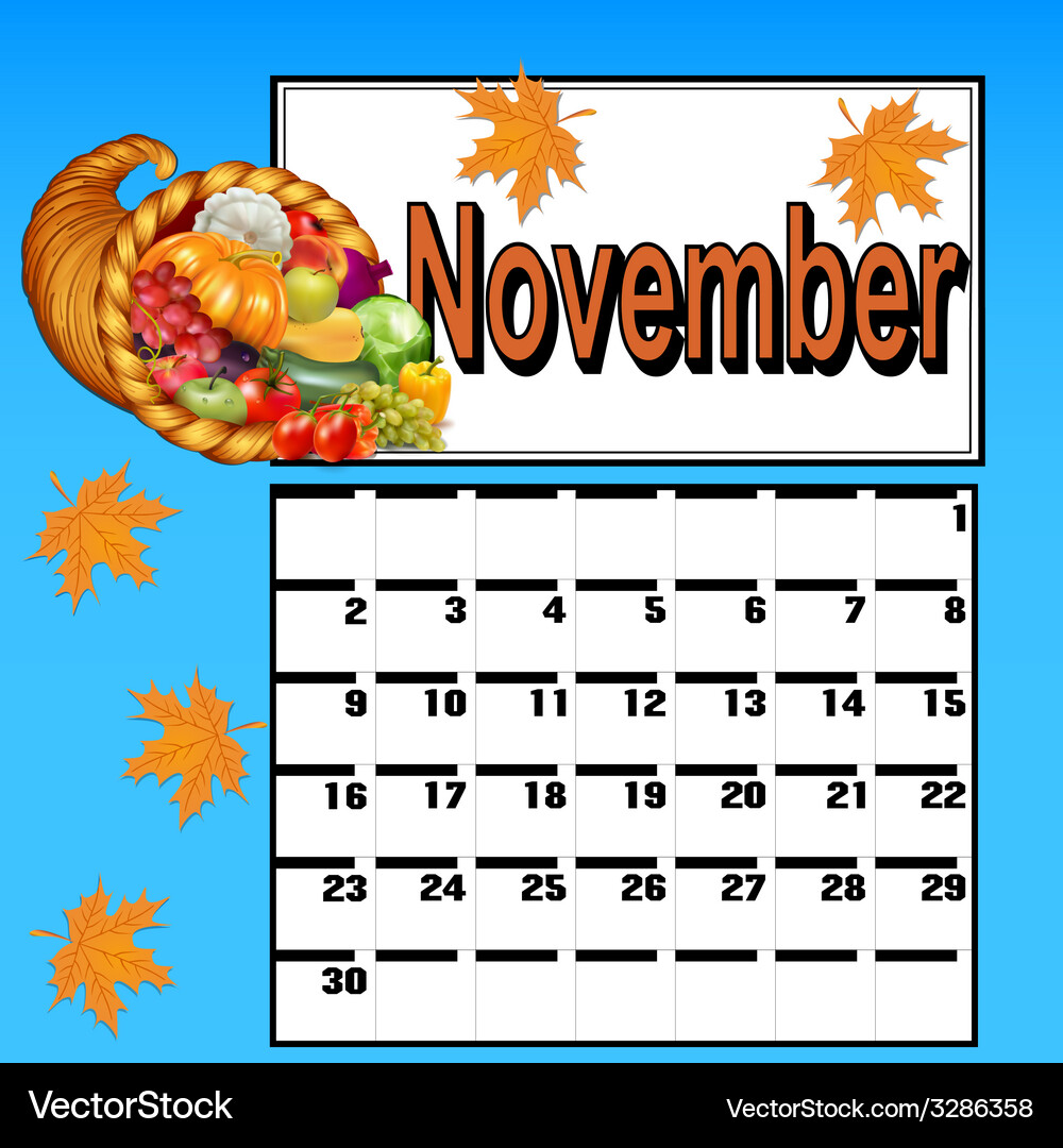 Calendar for november with thanksgiving – Lizenzfreie Vektorgrafik |  VectorStock, image size:1000x1080