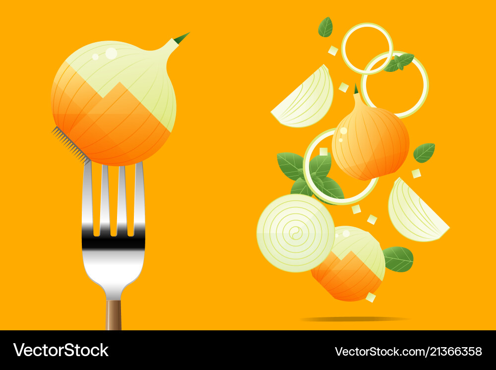 Fresh onion on fork with flying onions background Fresh onion on fork with flying onions background vector image