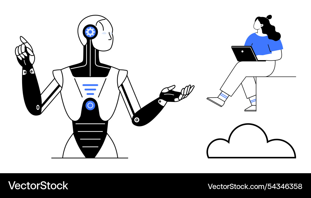 Human interacting with a robot while working Human interacting with a robot while working Vector Image