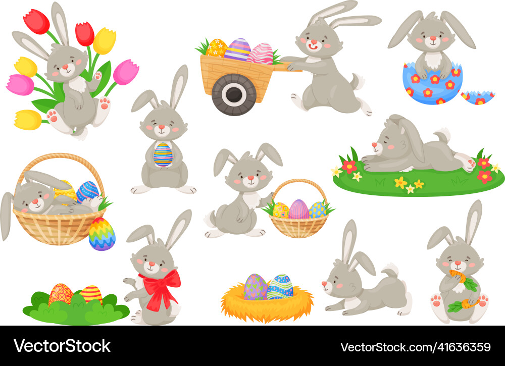 Cartoon easter bunnies with baskets and painted Cartoon easter bunnies with baskets and painted vector image