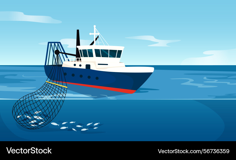 Fishing trawler collecting fish using net in deep Fishing trawler collecting fish using net in deep vector image