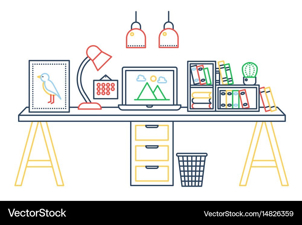Linear office table with computer workspace vector image