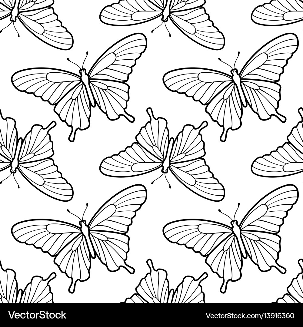 Butterfly Seamless Pattern - Black & White Vector Image