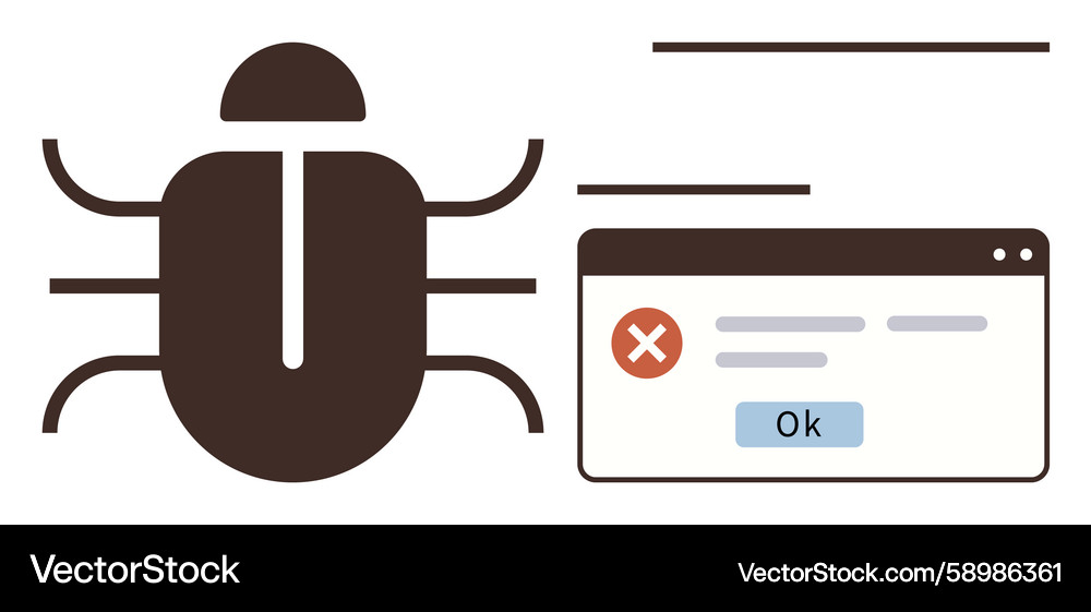 Bug with error notification window representing Vector Image