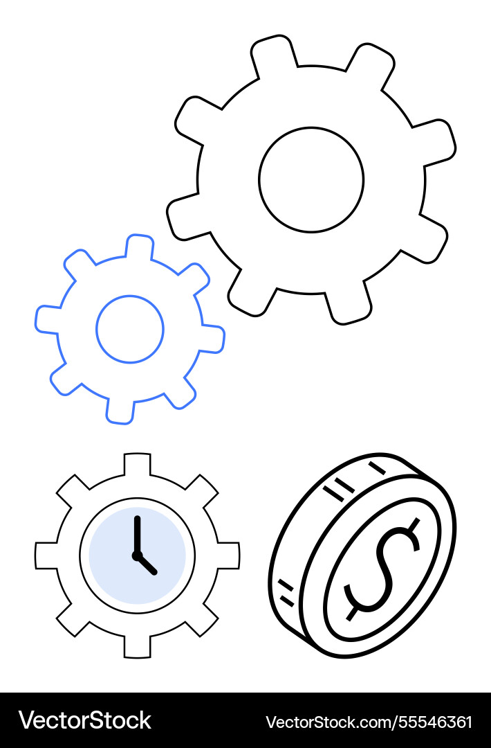 Gears with clock and coin representing time Vector Image