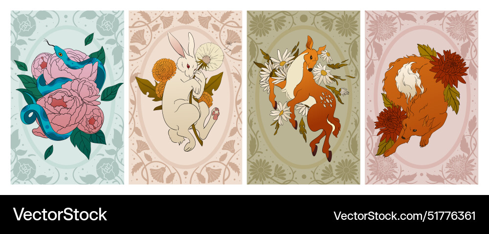 Mystic boho cards animals and flowers vintage Mystic boho cards animals and flowers vintage vector image