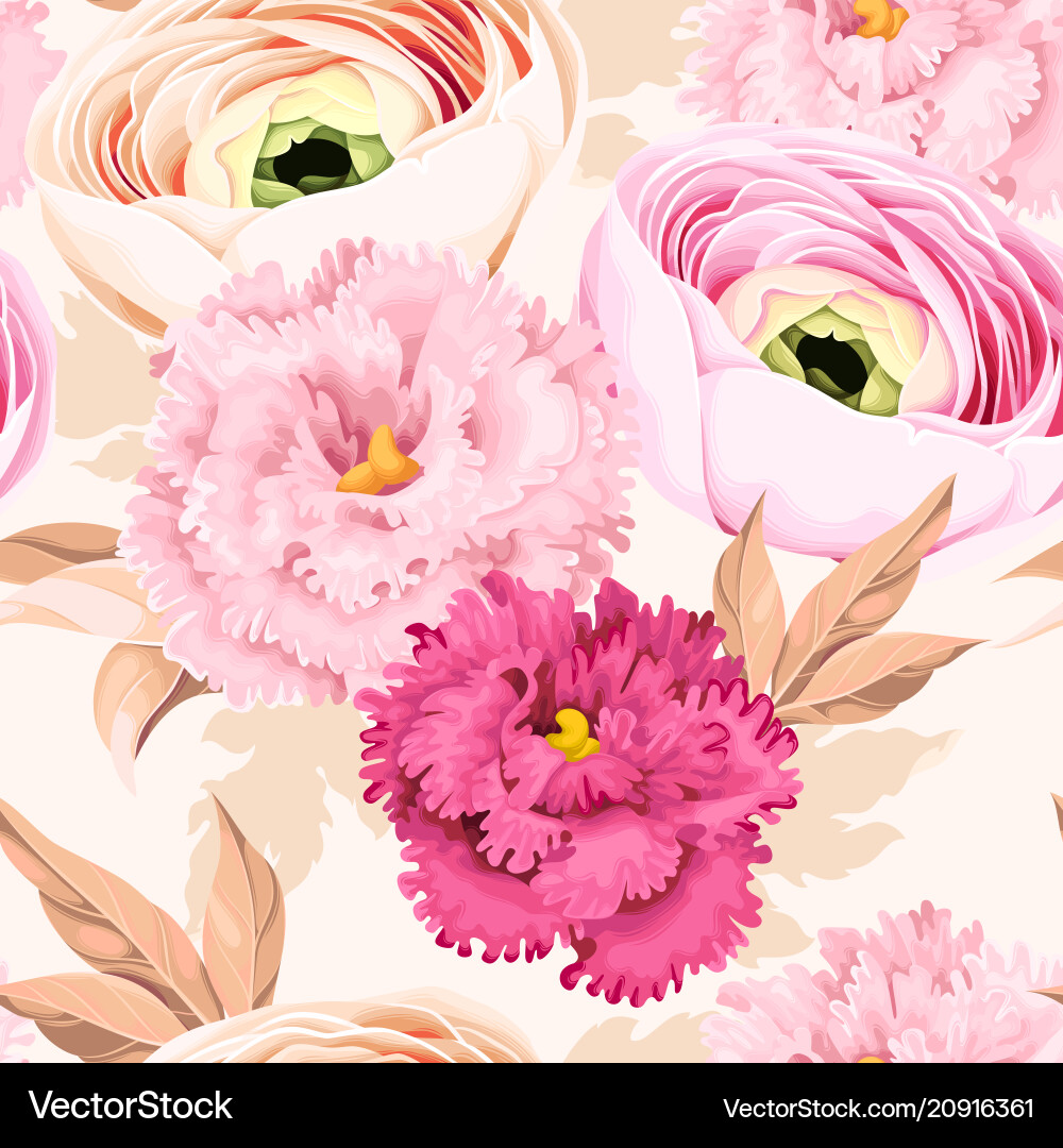 Seamless pattern with eustoma and ranunculus Vector Image