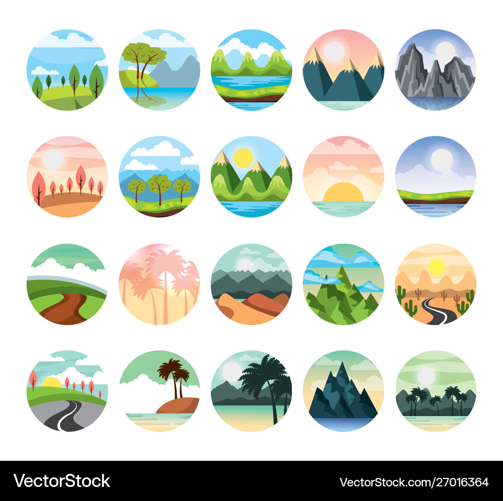 Set weather and landscapes scenes Royalty Free Vector Image