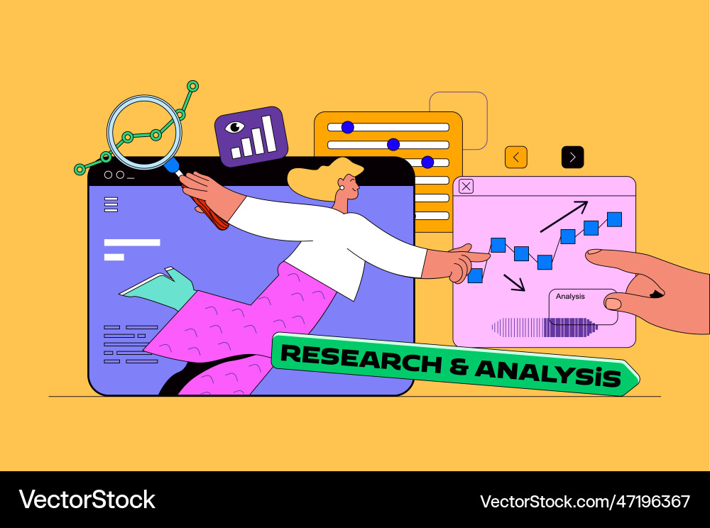 Research and analysis web concept with character Research and analysis web concept with character vector image