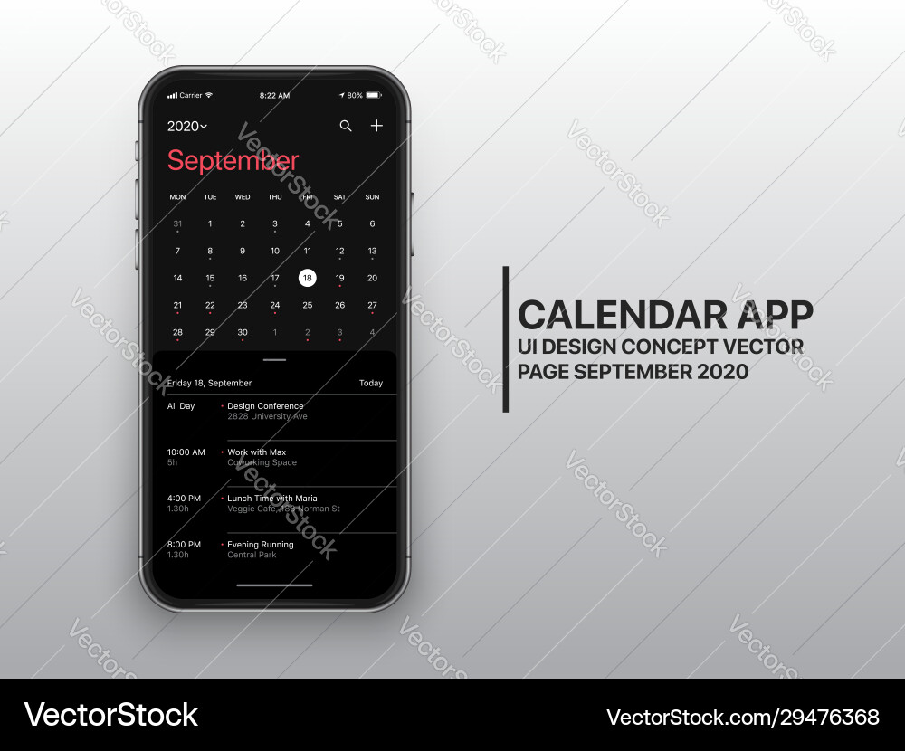 Design template dark mode calendar app ui ux Design template dark mode calendar app ui ux vector image