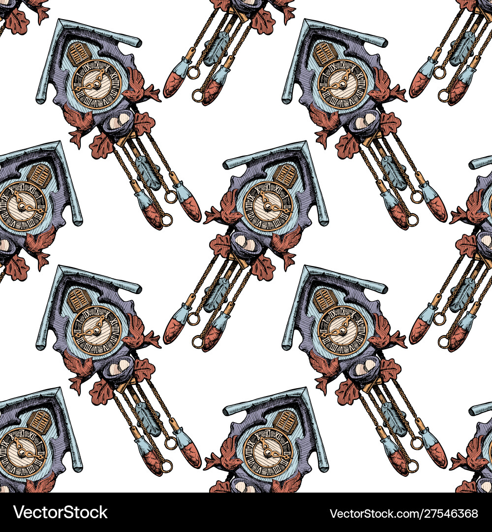 Pattern with old cuckoo clock Vector Image