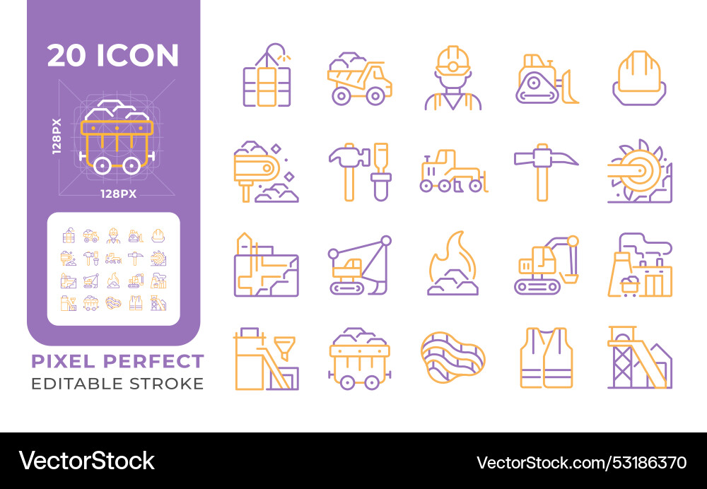 Coal mining two color line icons set vector image