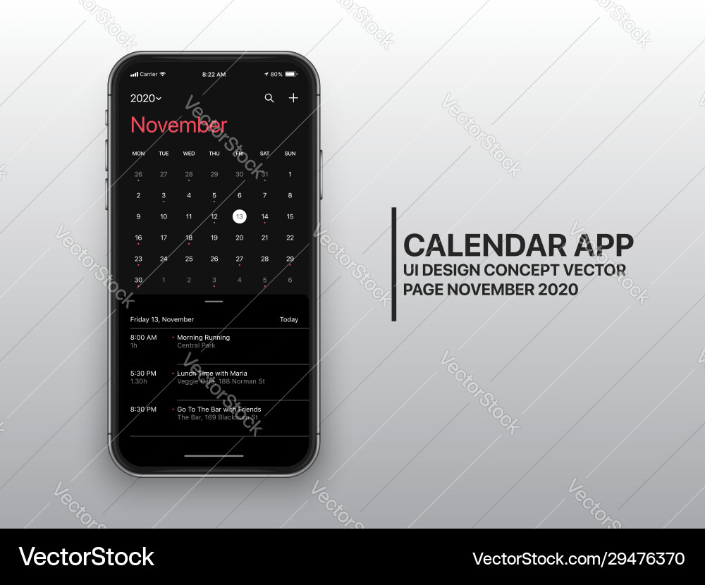 Design Vorlage dunkler Modus Kalender App ui ux Design Vorlage dunkler Modus Kalender App ui ux vektorbild