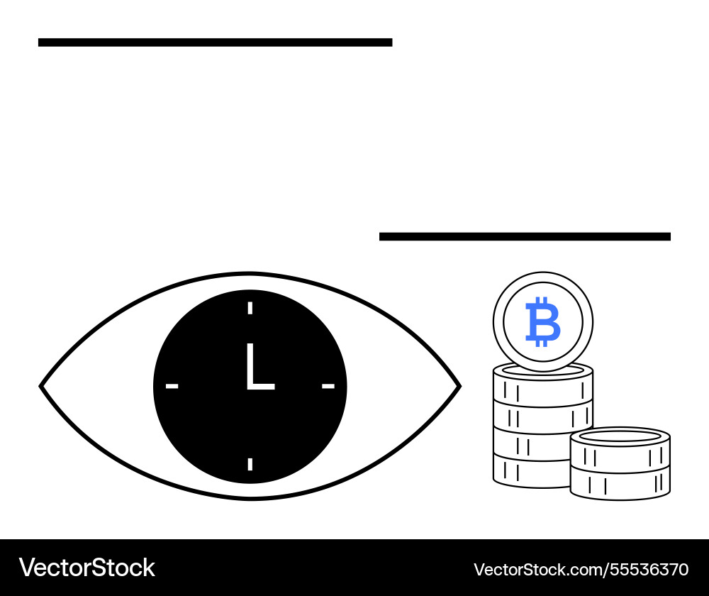 Eye symbol with clock face and bitcoin coin stack Eye symbol with clock face and bitcoin coin stack vector image