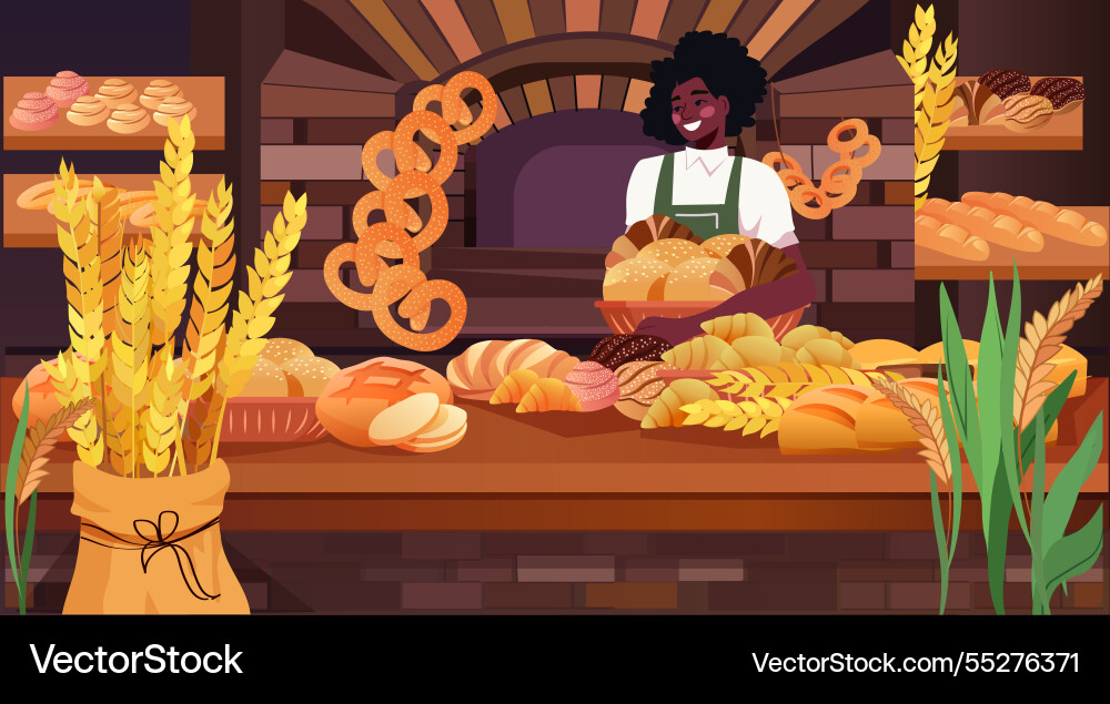 Bakery scene with smiling baker showcasing various Bakery scene with smiling baker showcasing various vector image