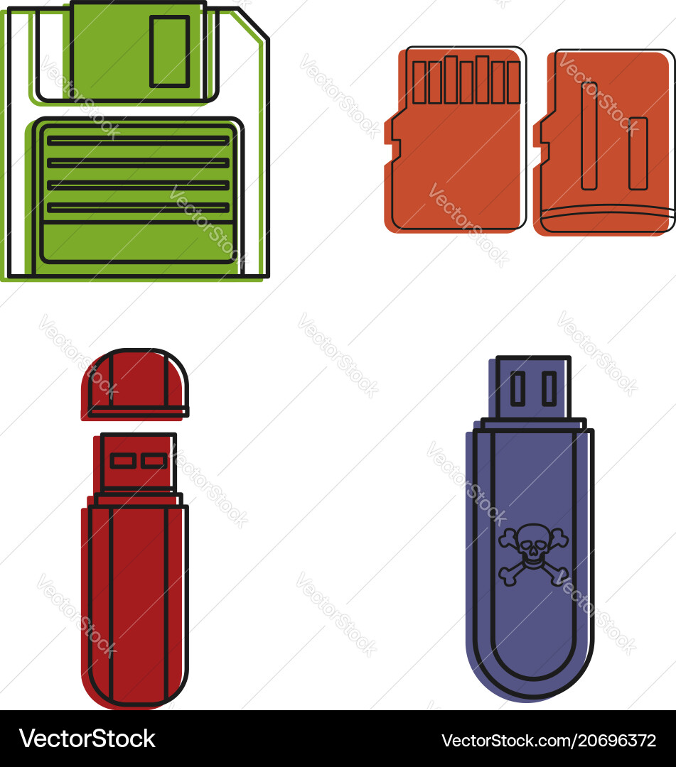 Flash disk icon set color outline style Flash disk icon set color outline style vector image