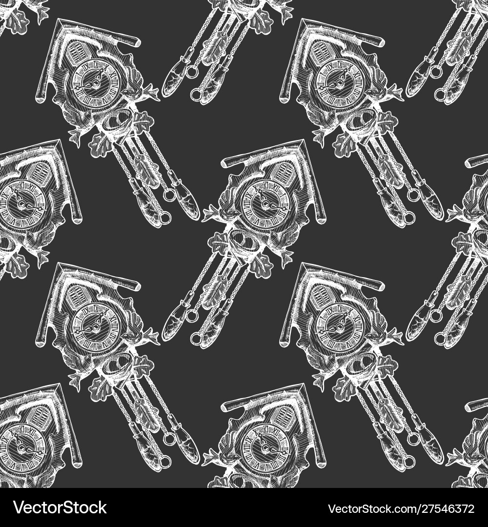 Pattern with old cuckoo clock Vector Image