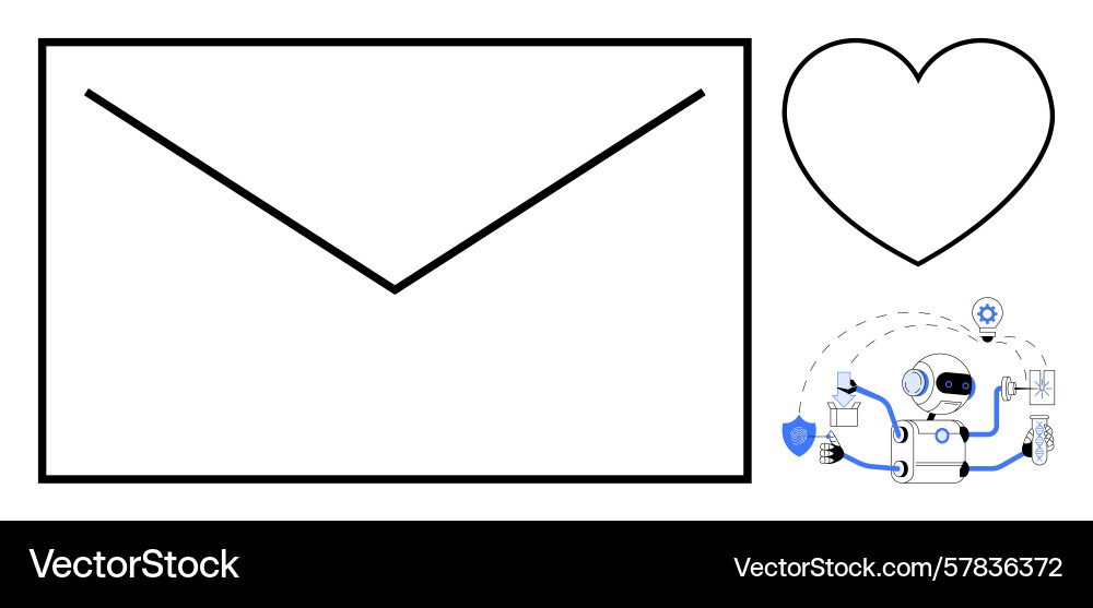 Robot automating email communications with heart Robot automating email communications with heart Vector Image