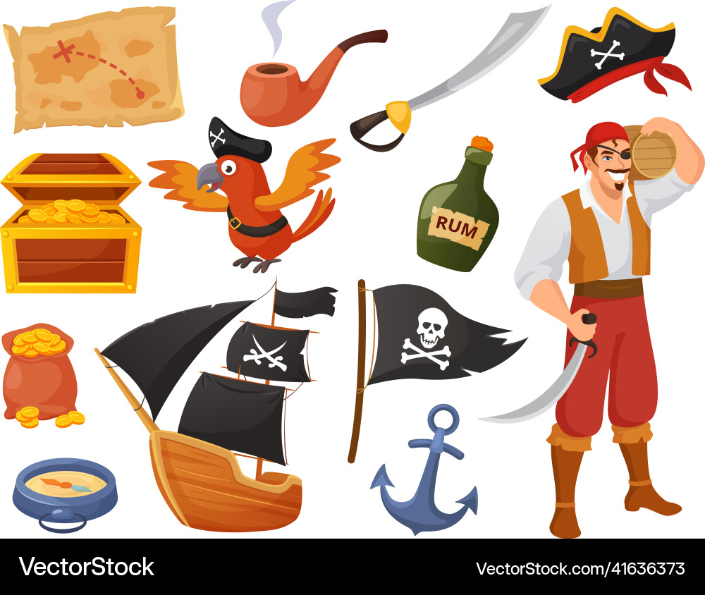 Cartoon pirate character with parrot and ship Cartoon pirate character with parrot and ship vector image
