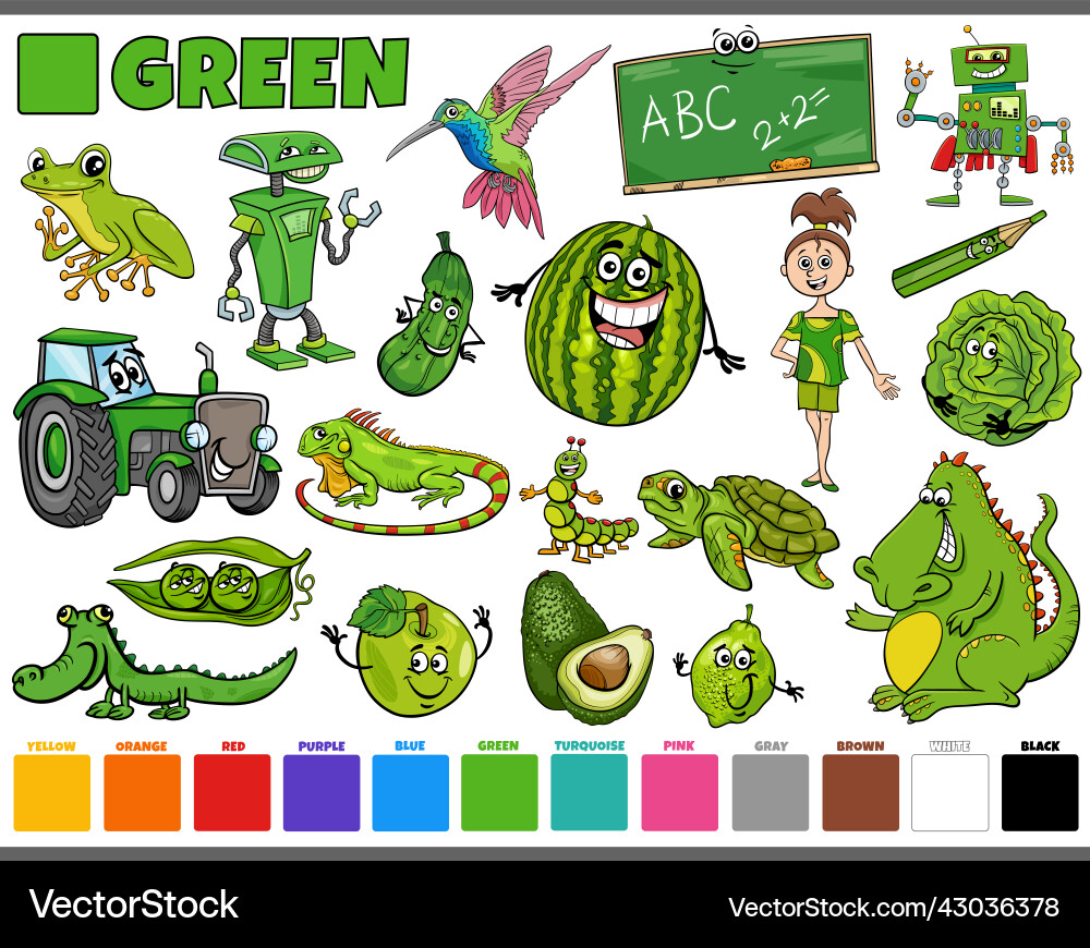 Set with cartoon characters and objects in green vector image