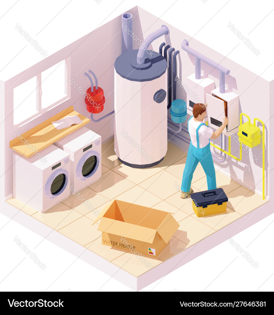 Isometric technician on water heater installation Isometric technician on water heater installation vector image