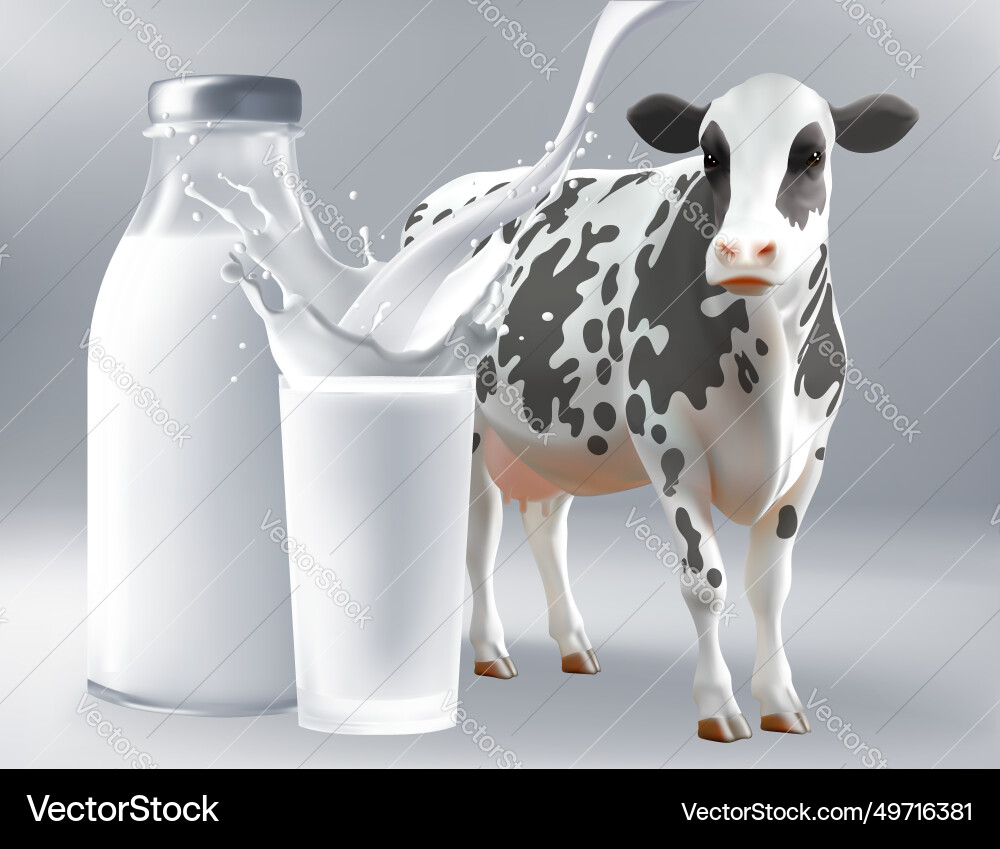 Milk cow realistic of dairy with bottle Milk cow realistic of dairy with bottle vector image
