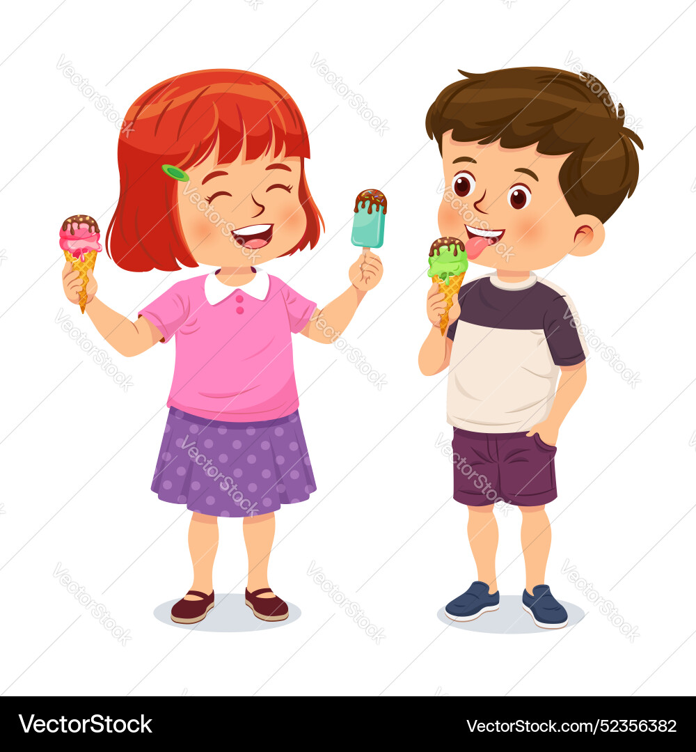 Süßer kleiner Junge und Mädchen genießen leckeres Eis Süßer kleiner Junge und Mädchen genießen leckeres Eis vektorbild