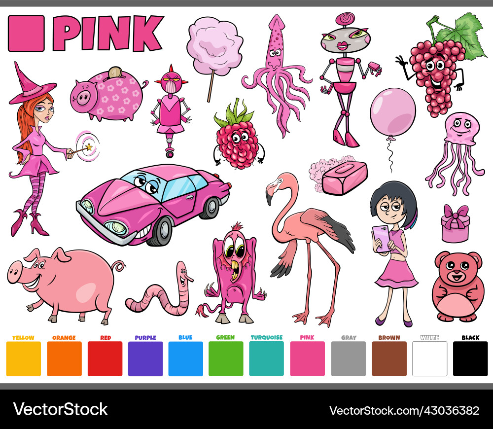 Set with cartoon characters and objects in pink Set with cartoon characters and objects in pink vector image