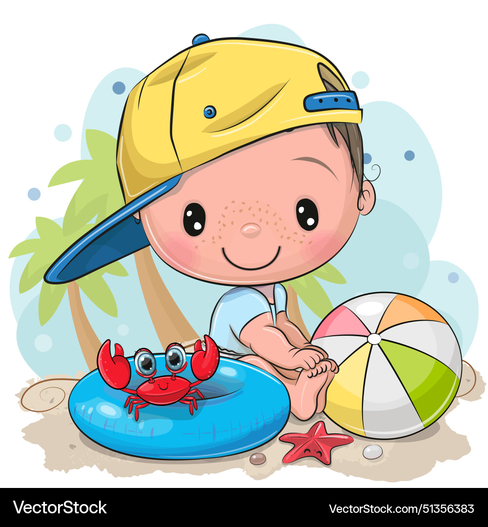 Cartoon little boy and crab on the beach Cartoon little boy and crab on the beach vector image
