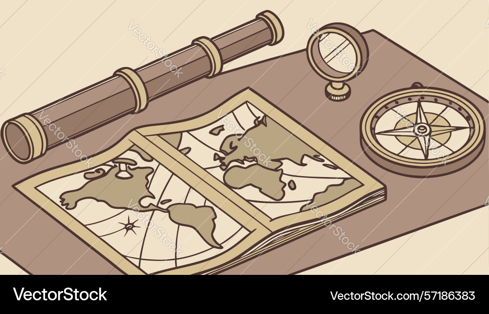 Explorers desk telescope map design generative ai Vector Image