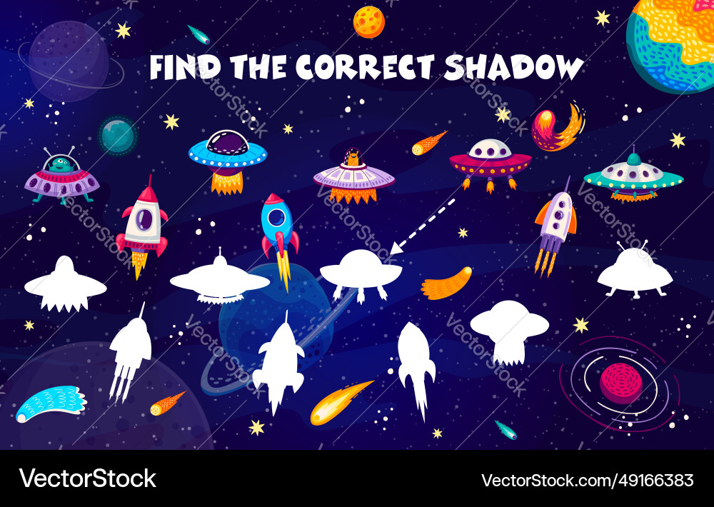 Find correct shadow of rocket and ufo game quiz Find correct shadow of rocket and ufo game quiz vector image
