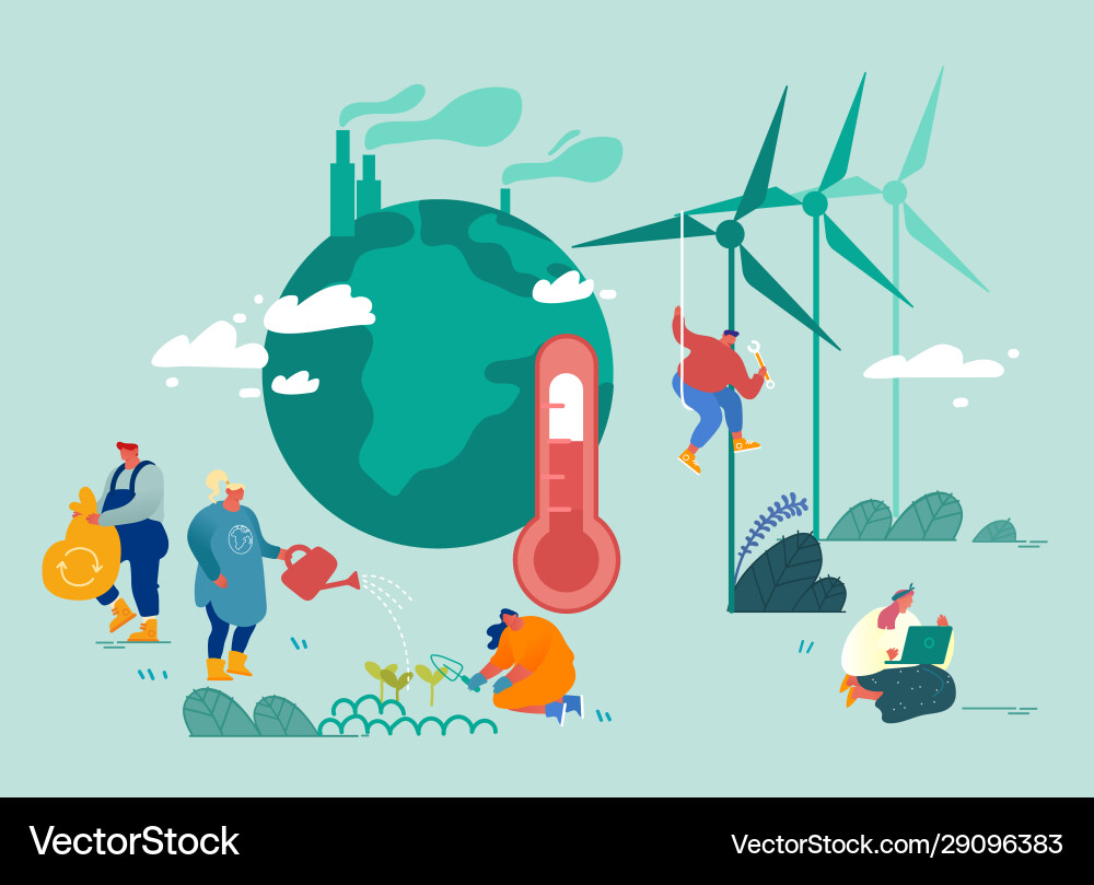 Global warming concept characters care plants Global warming concept characters care plants Vector Image