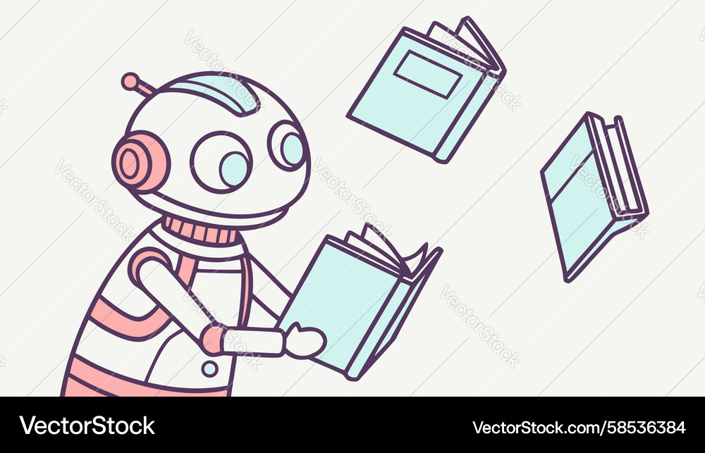 Robot Reading Books – AI Learning Vector Image