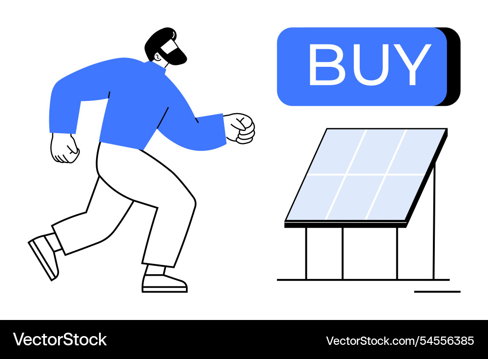 Man walking towards solar panel with buy button Man walking towards solar panel with buy button vector image