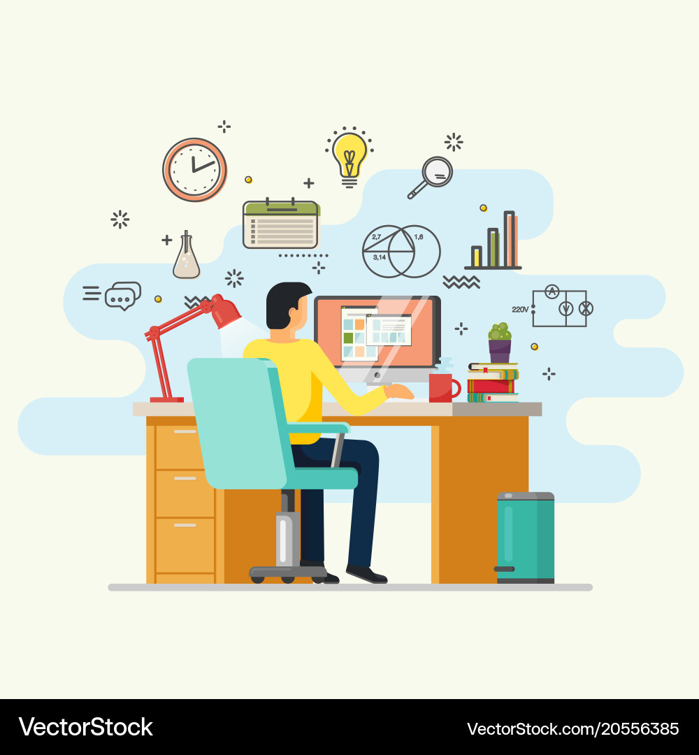 Man Working at Desk with Computer vector image