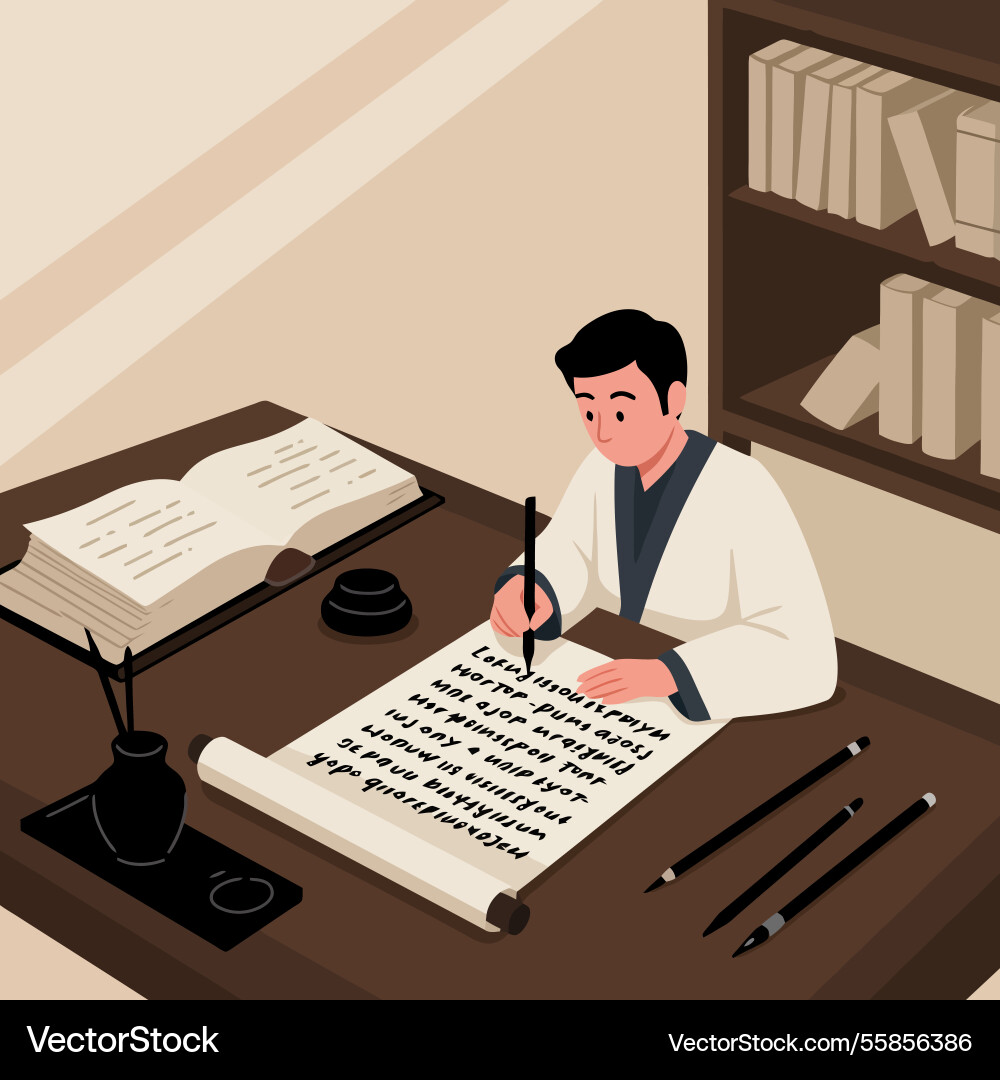 Man writing scroll with brush and ink in study Vector Image