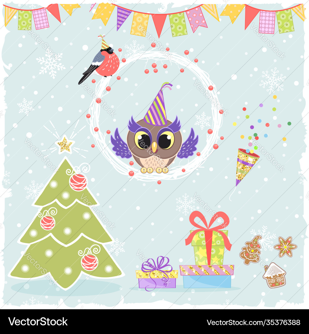 Christmas set with funny owl Christmas set with funny owl vector image
