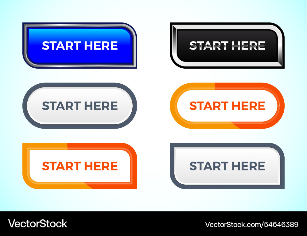 Start here button set of different shapes Vector Image