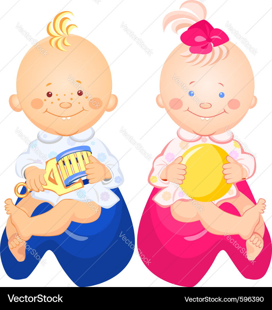 Adorable Baby Twins with Toys Vector Image