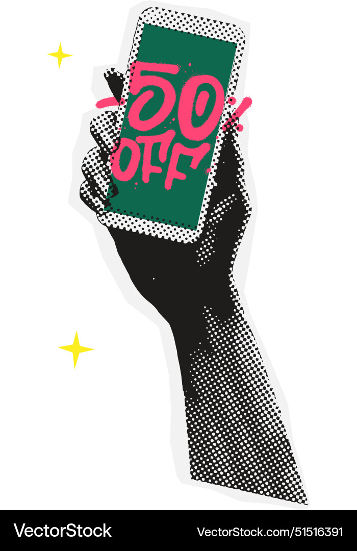 Halftone collage of hand with phone sale Halftone collage of hand with phone sale vector image
