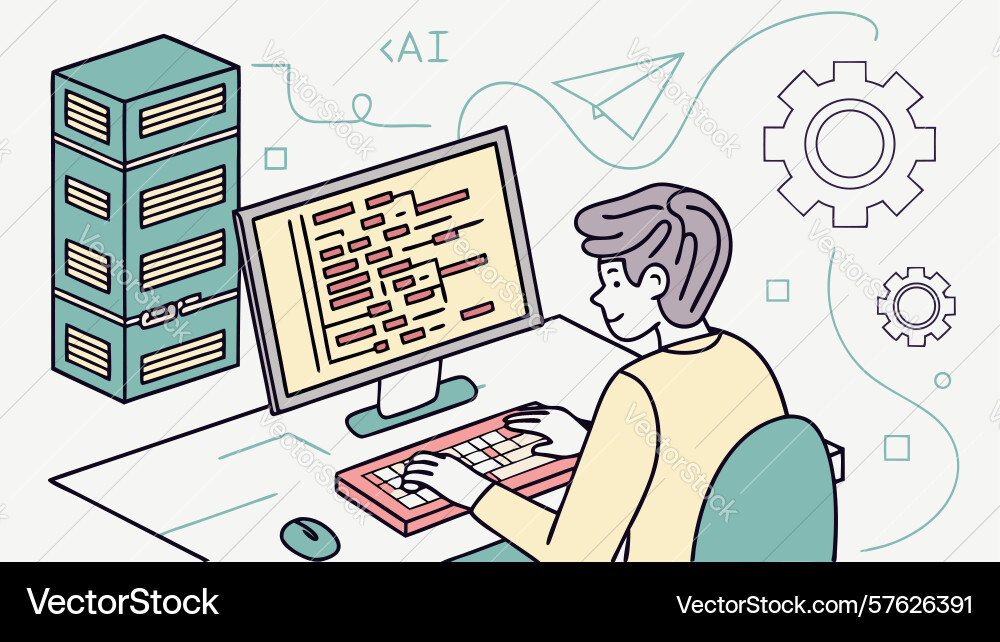 Programmer working on desktop computer design vector image