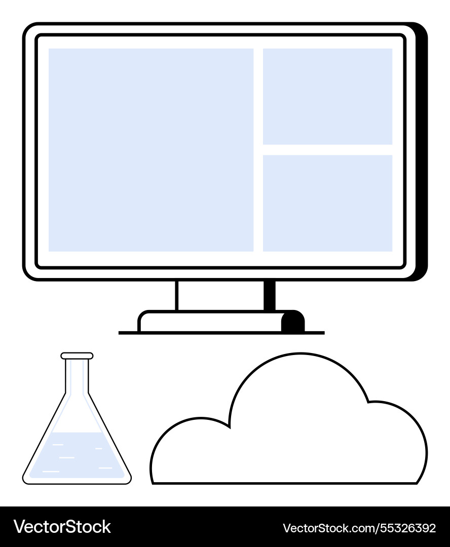 Computer screen with beaker and cloud representing Computer screen with beaker and cloud representing vector image