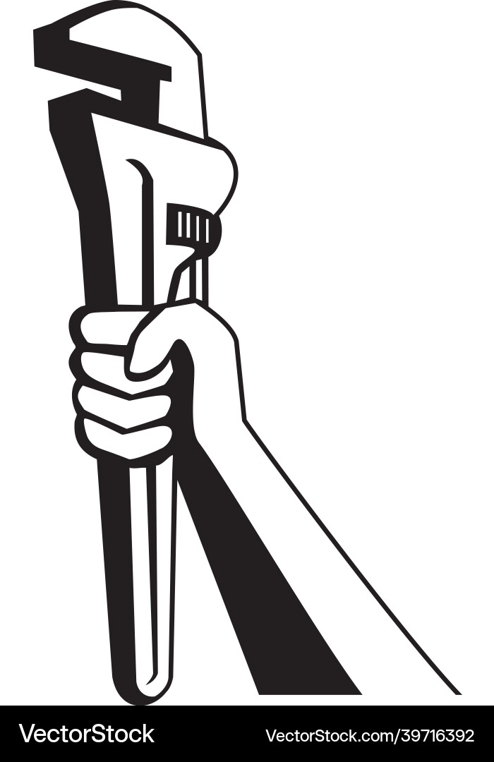 Hand of plumber holding up pipe wrench retro vector image