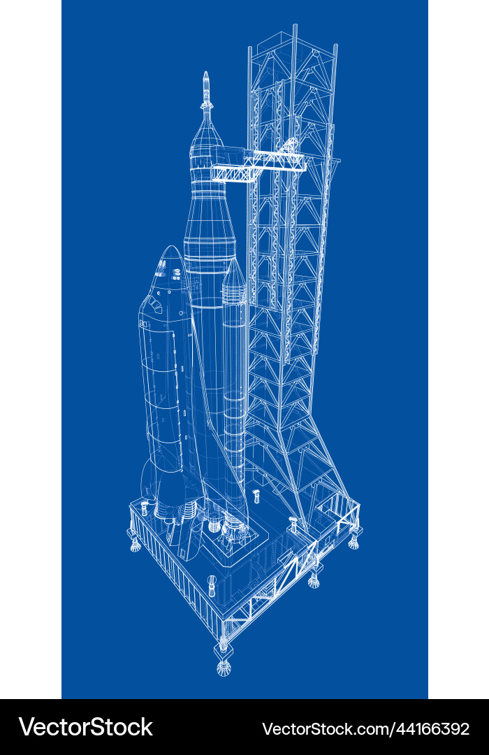 Space rocket on launch pad rendering of 3d vector image