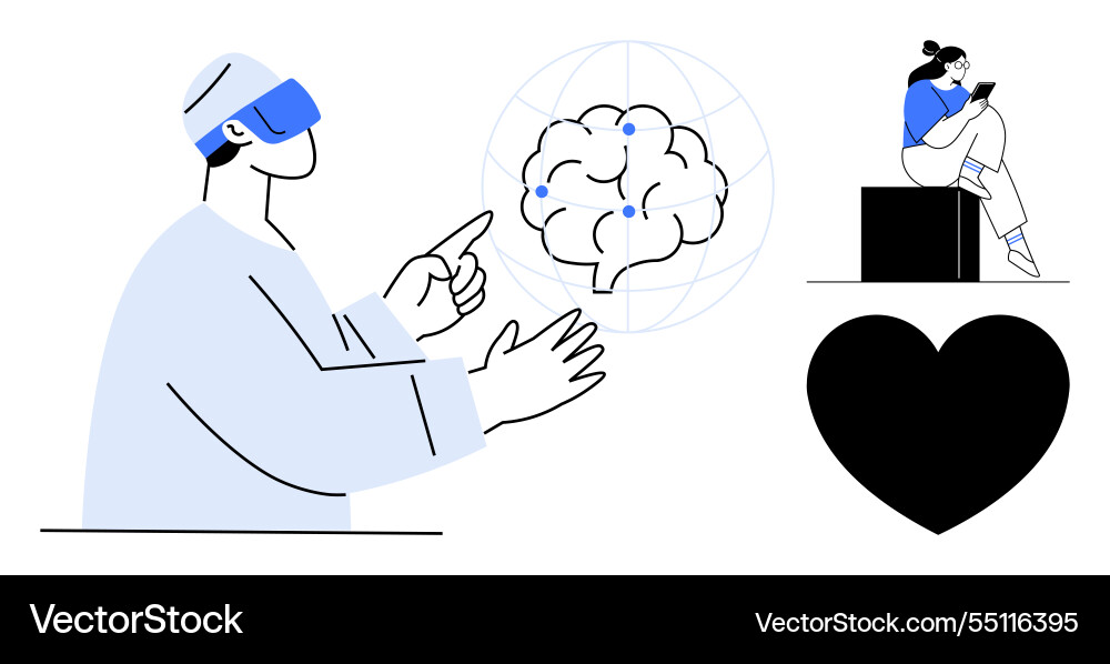 Virtual reality user interacting with brain model vector image