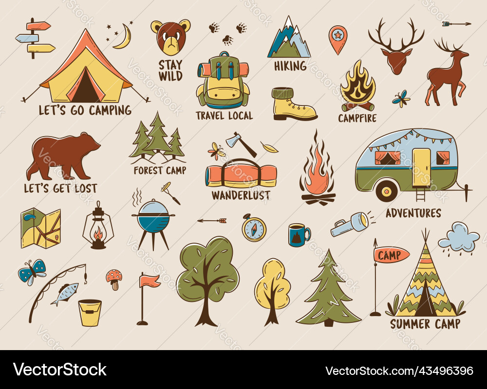 Camping and hiking colored elements outdoor Camping and hiking colored elements outdoor vector image