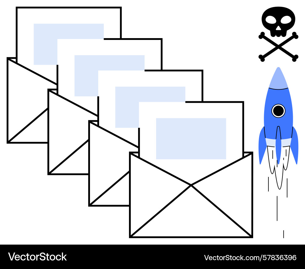 Outgoing emails with rocket launch and warning Vector Image