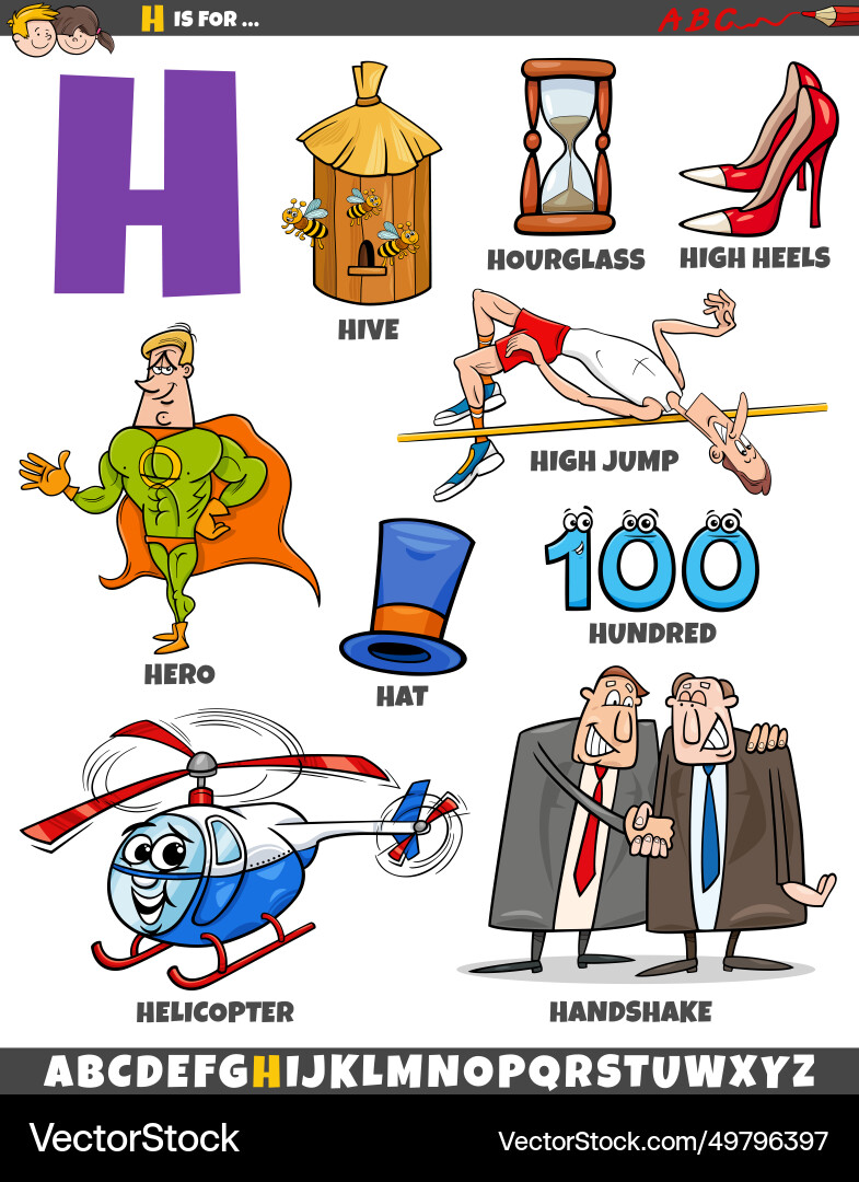 Letter h set with cartoon objects and characters Letter h set with cartoon objects and characters vector image